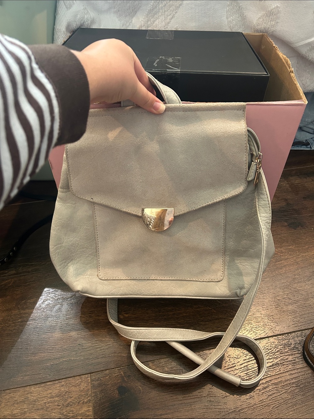 Cream Crossbody Bag with Gold Accent Flap